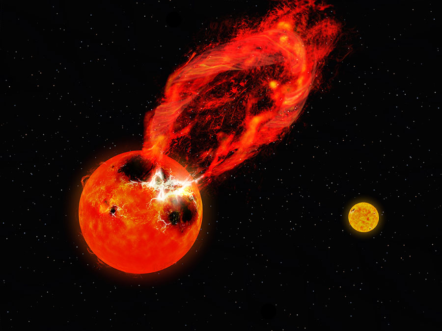 オリオン座 V1355 星で発生したフーパーフレアと巨大プロミネンス噴出の想像図